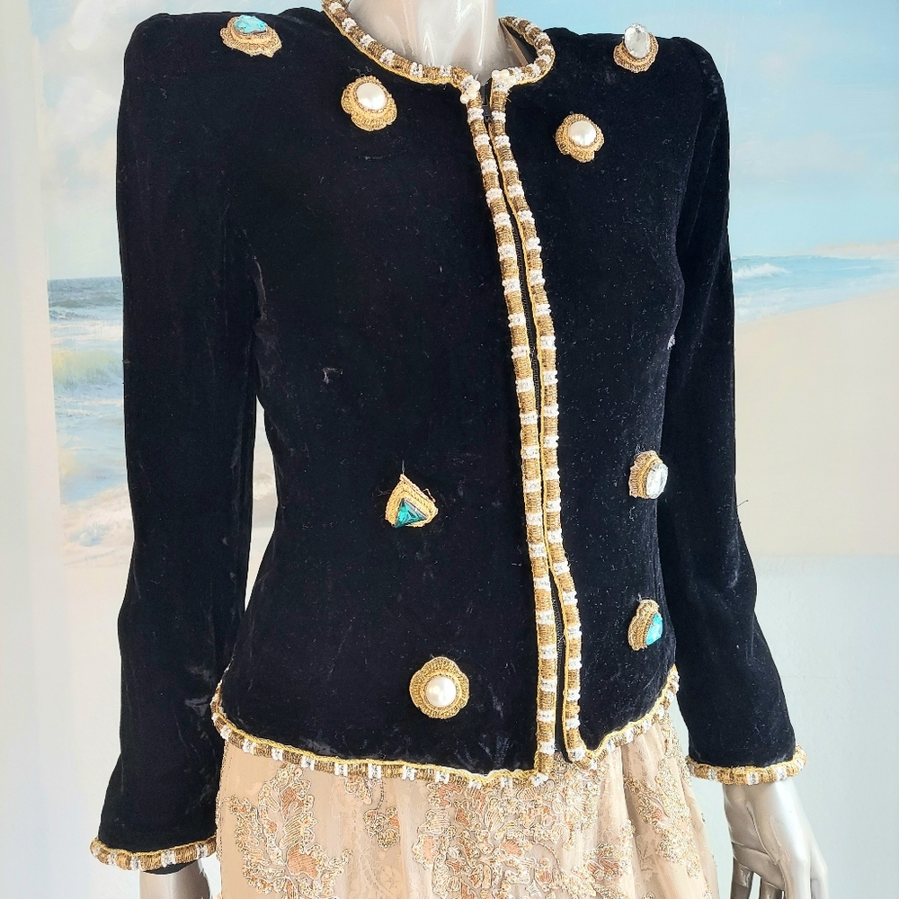 $5,000 OSCAR DE LA RENTA BLK VELVET BEAD EMBR RUNW JACKET US 8